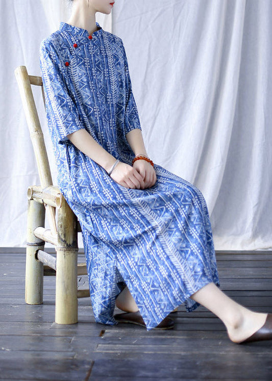 Blue Mandarin Collar Side Open Print Cheongsam Dress Half Sleeve