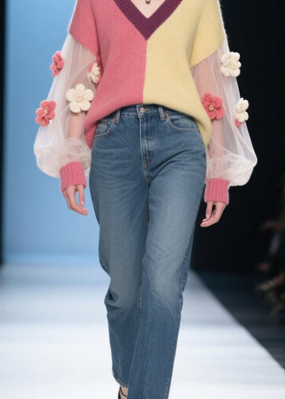 French Colorblock V Neck Tulle Patchwork Knit Sweaters Fall