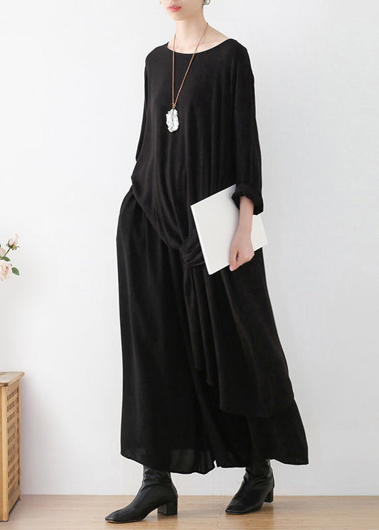 Loose Black O-neck Asymmetrical Top and Wide Leg Pants Two Pieces Set Fall