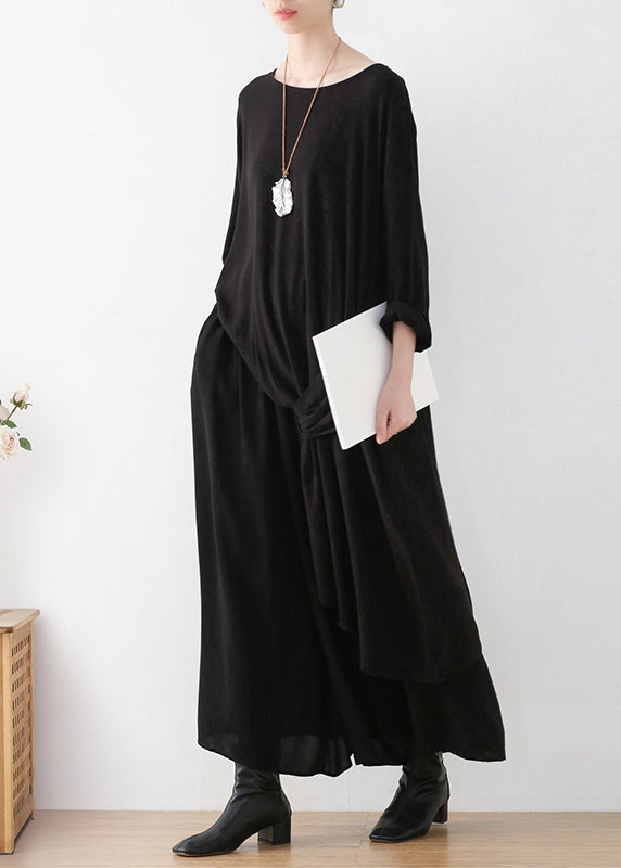 Loose Black O-neck Asymmetrical Top and Wide Leg Pants Two Pieces Set Fall