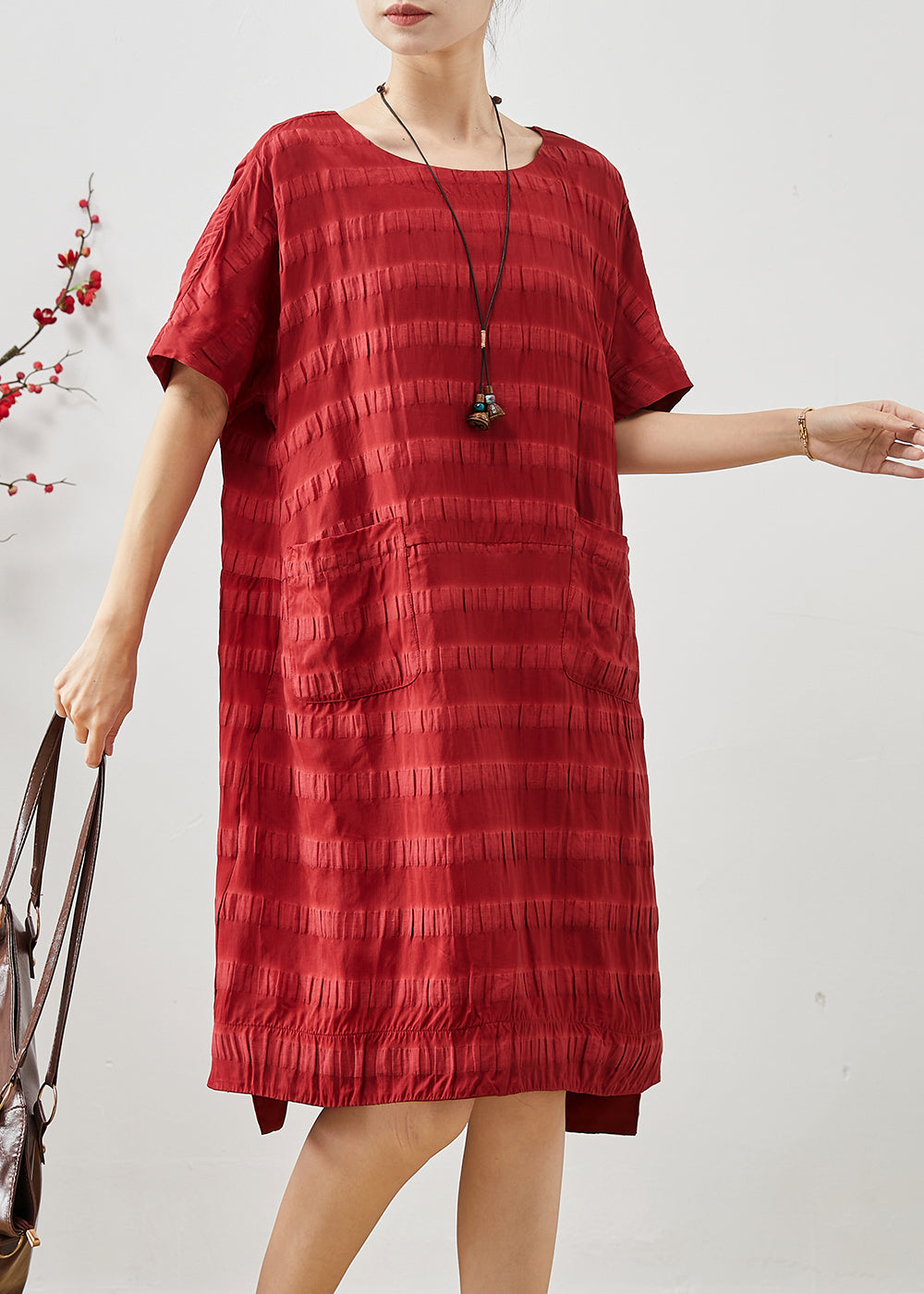 Red Oversized Striped Cotton Vacation Dresses Summer