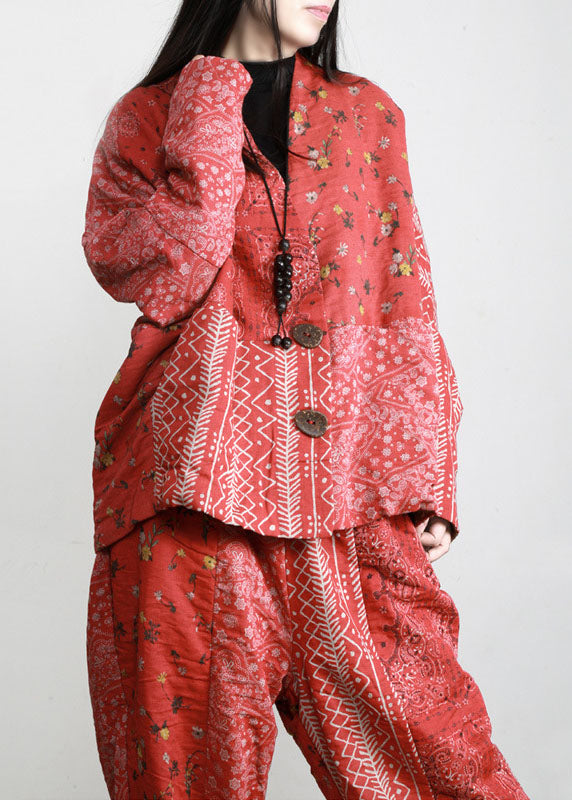 Diy Red Print Patchwork Asymmetrical Design Fall Two Pieces Set
