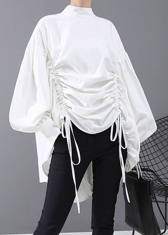 Italian White Drawstring Stand Collar Tops Puff Sleeve