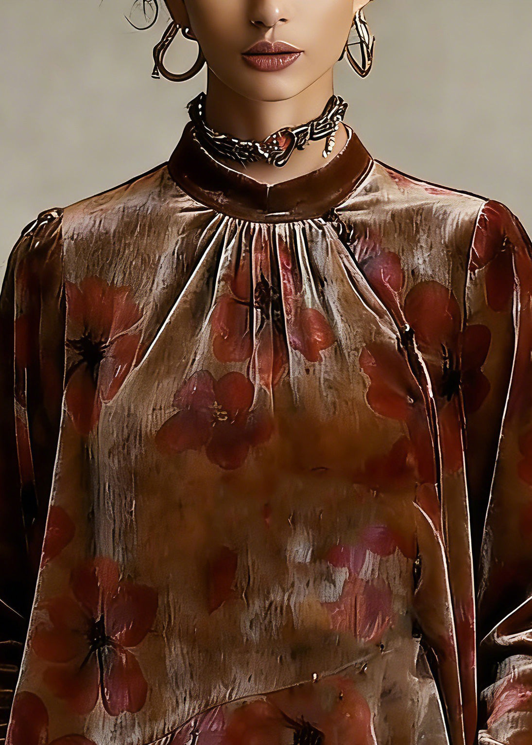 Loose Stand Collar Asymmetrical Ruffled Silk Velour Shirt Spring