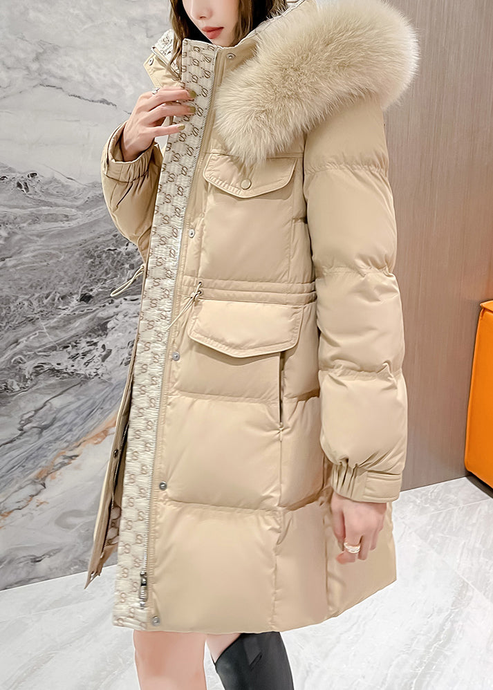 Khaki Fur Collar Hooded Drawstring Duck Down Coats Winter
