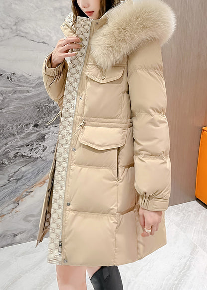 Khaki Fur Collar Hooded Drawstring Duck Down Coats Winter