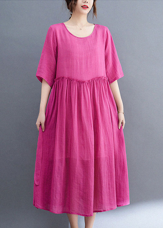 Rose O-neck Ruffled Exra Large Hem Color Linen Holiday Dress Half Sleeve