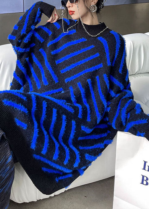 Blue Striped Mink Velvet Fall Knit Sweaters