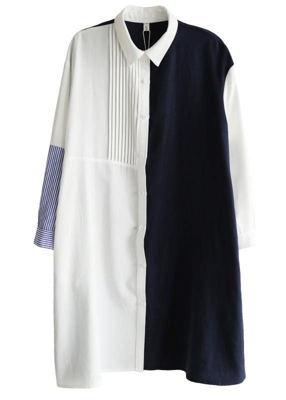 Unique Navy Patchwork White Peter Pan Collar Cotton Spring Mid Dress