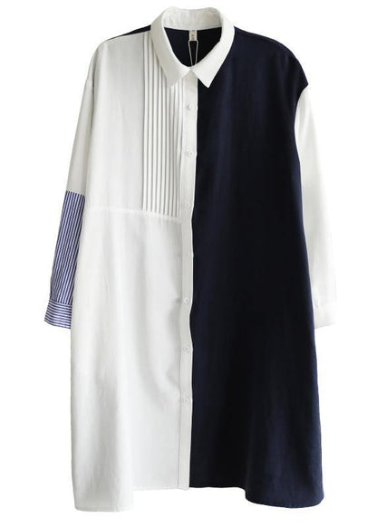 Unique Navy Patchwork White Peter Pan Collar Cotton Spring Mid Dress