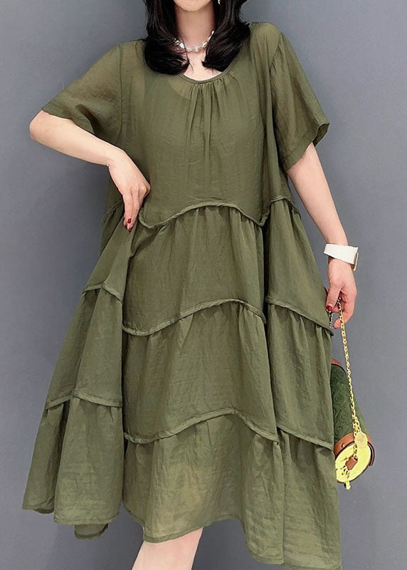 Green Patchwork Cotton 2 Piece Outfit Dress O-neck Wrinkled Summer