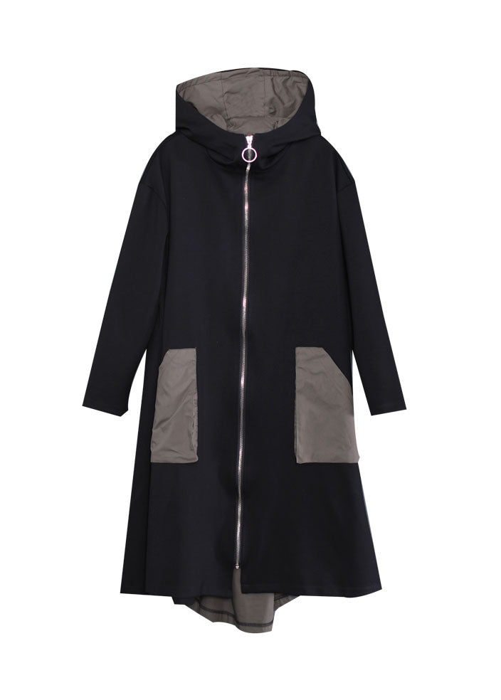 Black Hooded Zip Up Pockets Patchwork Cotton Trench Coats Outwear Fall