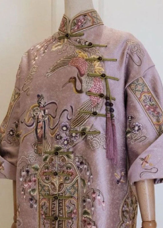 Pink Stand Collar Button Silk Cotton Maxi Dresses Fall