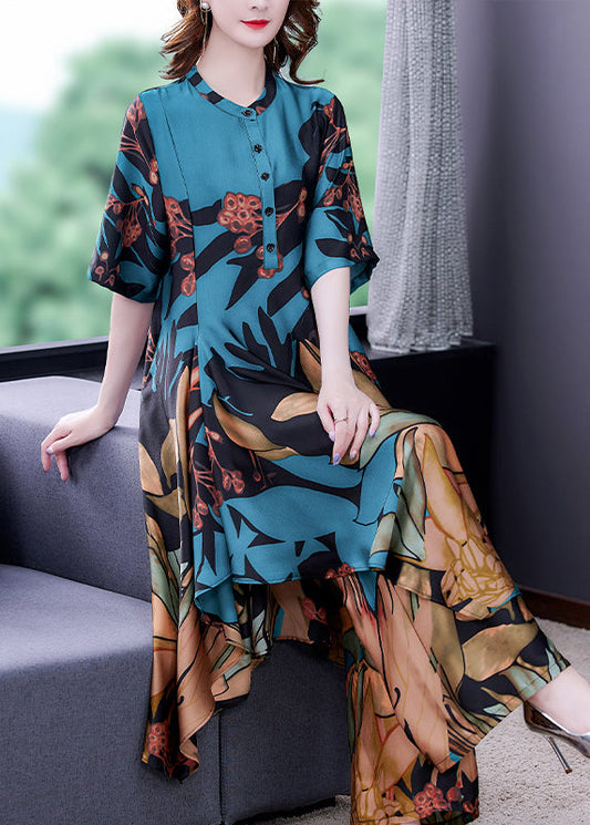 Blue Stand Collar Print Silk Shirt and Wide Leg Pants Two-piece Set Half Sleeve