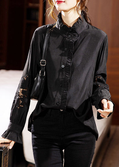 Black Ruffled Lace Patchwork Hollow Out Shirts Long Sleeve