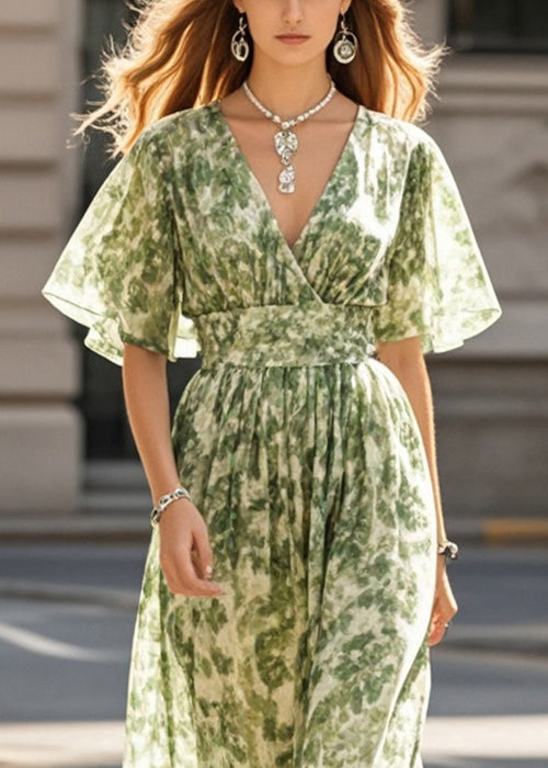 Grass Green Print Chiffon Beach Dress Summer