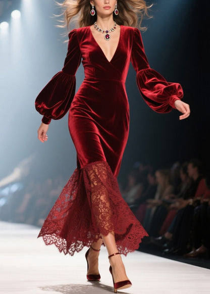 Handmade Red V Neck Lace Patchwork Velvet Dresses Fall