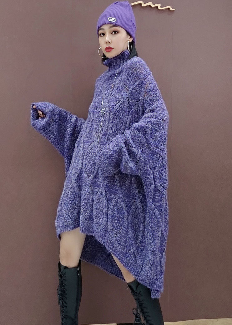 Purple Low High Design Long Knit Dress Spring