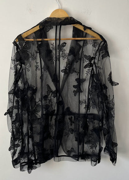Oversized Black Notched Butterfly Embroidered Tulle Shirt Summer