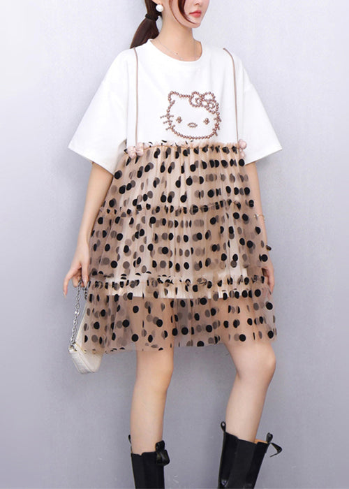 White Ruffled Dot Patchwork Cotton Mid Dress Summer