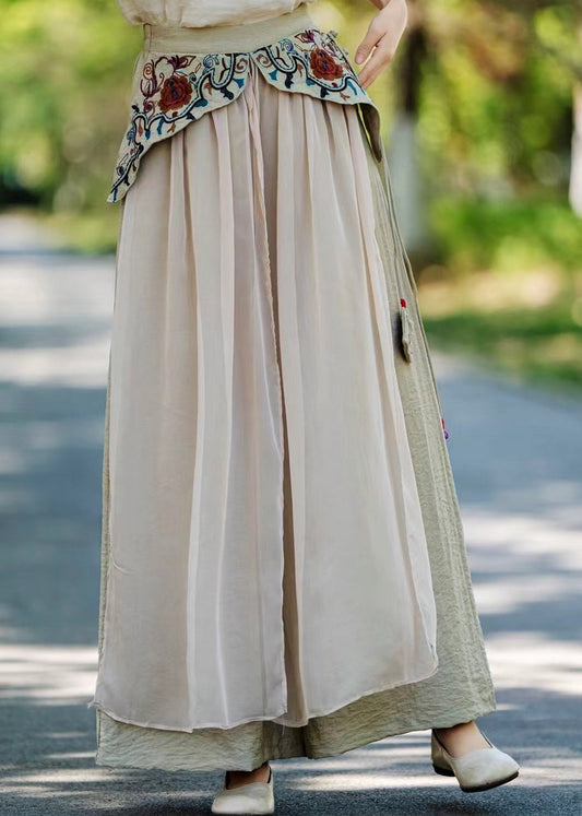 Khaki Pockets Embroidered Patchwork Silk Pants Fall