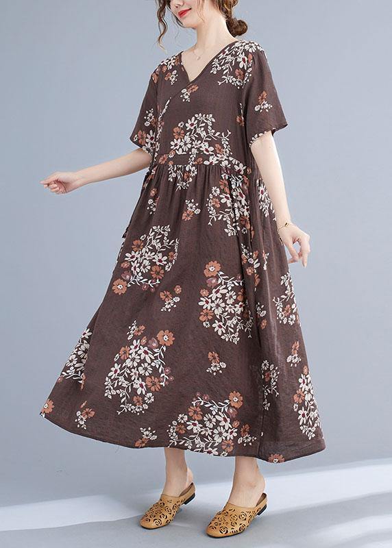 Chocolate Retro Print Summer Vacation Dresses Short Sleeve