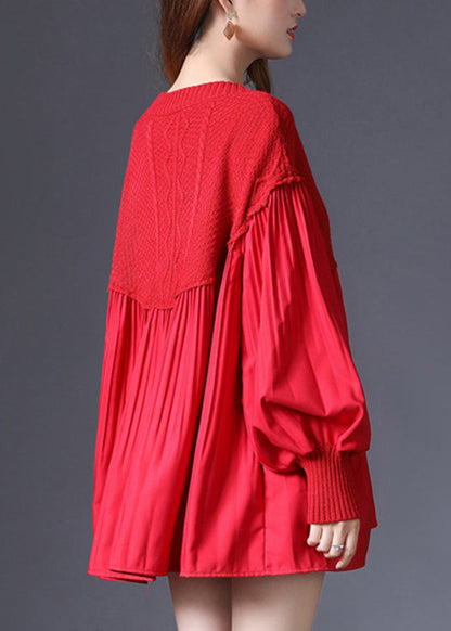 Red V Neck Patchwork Knit Pullover Spring