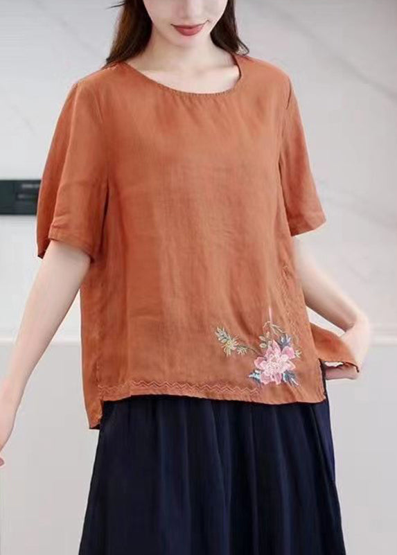 Boutique Orange O-neck Embroideried Low High Design Ramie T Shirt Summer