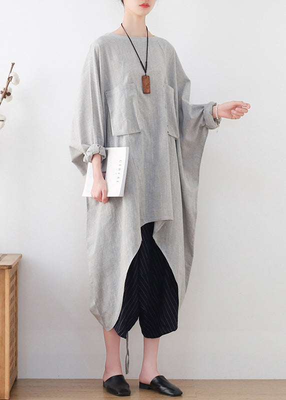 Light Grey Drawstring Asymmetrical Pockets Cotton Tops Batwing Sleeve