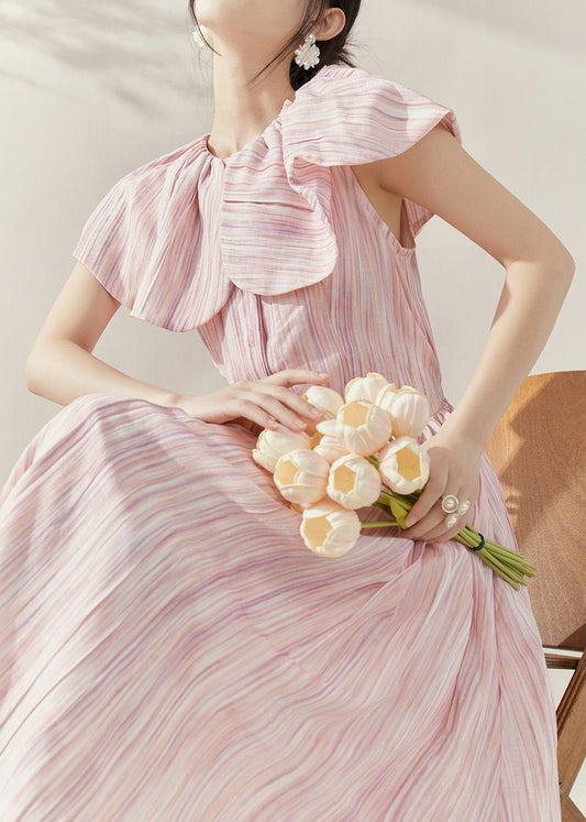 Pink Peter Pan Collar Tie Waist Maxi Dress Short Sleeve