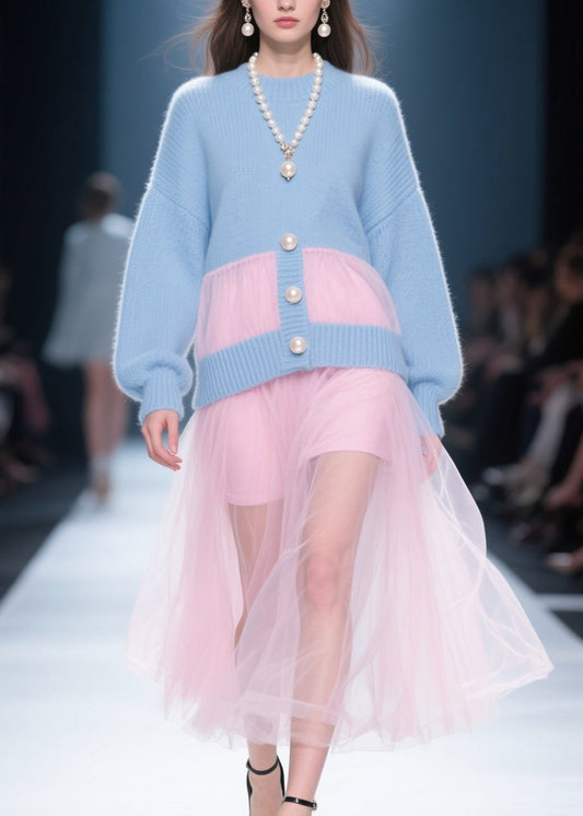 Blue O Neck Tulle Patchwork Knit Dress Fall