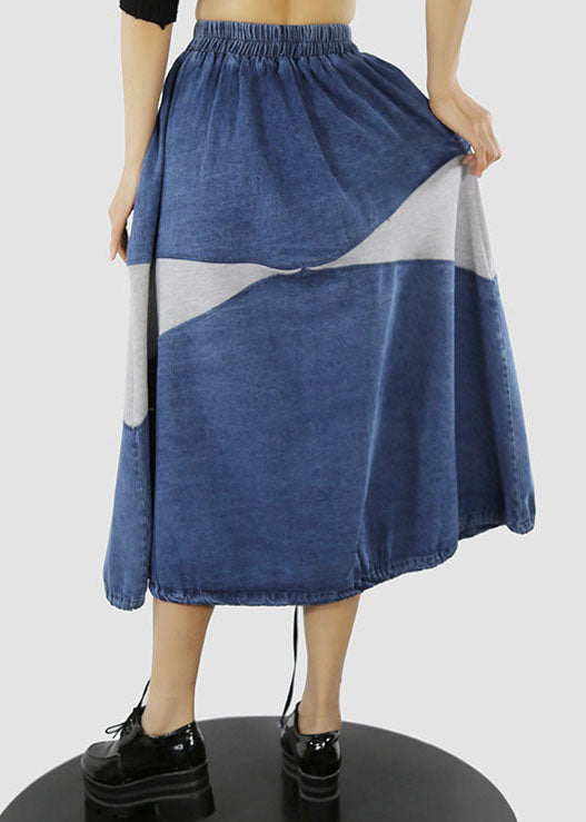 Blue White Elastic Waist Drawstring Patchwork Denim Skirt Spring