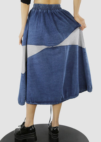 Blue White Elastic Waist Drawstring Patchwork Denim Skirt Spring