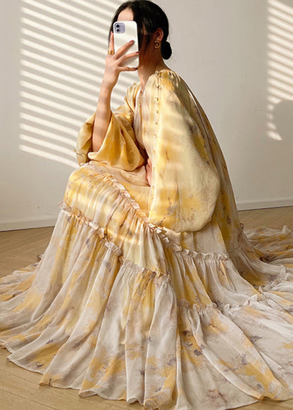 Vogue Yellow O-neck Print Tie Waist Chiffon Maxi Dresses Long Sleeve