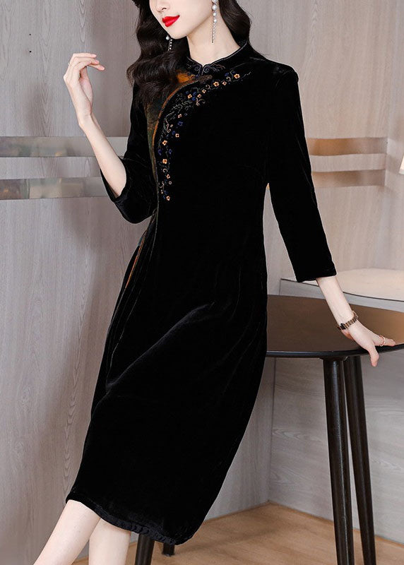 Black Print Embroideried Tassel Silk Velour Maxi Dresses Fall