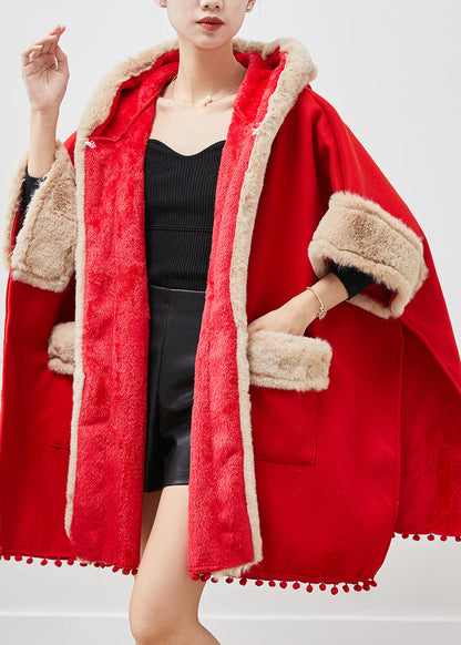 Red Oversized Patchwork Fuzzy Ball Decorated Woolen Coats Winter