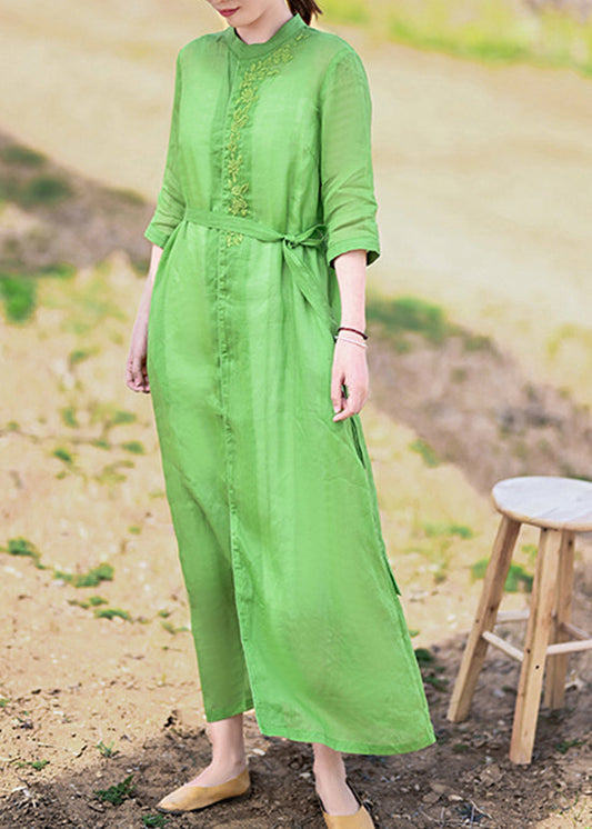 Fine Green Stand Collar Tie Waist Embroideried Linen Party Dress Half Sleeve