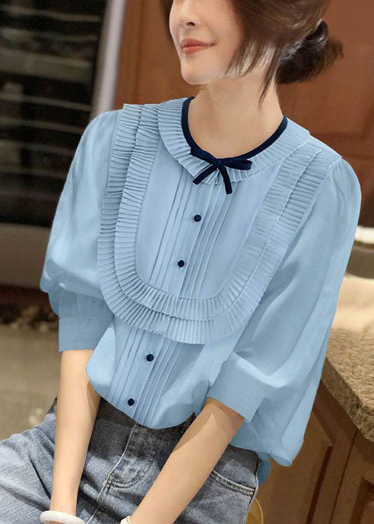 Blue O-neck Patchwork Bow Wrinkled Chiffon Shirt Bracelet Sleeve Summer