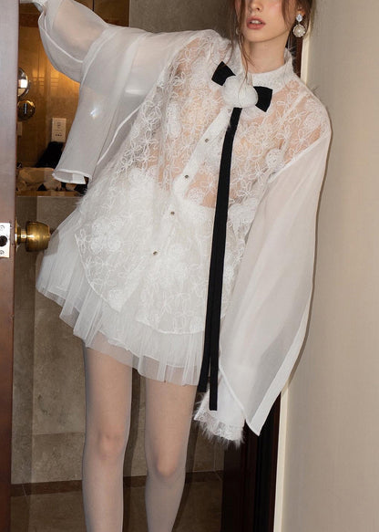 White Embroidered Lace Shirts and Skirts Tulle Two Pieces Set