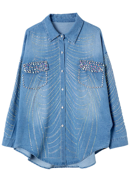 Blue Nail Bead Zircon Button Denim Shirts Spring