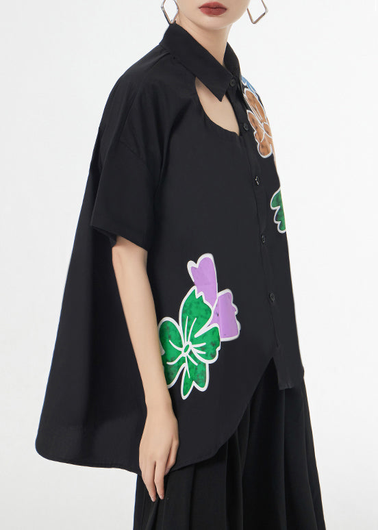 Black Asymmetrical Print Patchwork Cotton Shirts Short Sleeve
