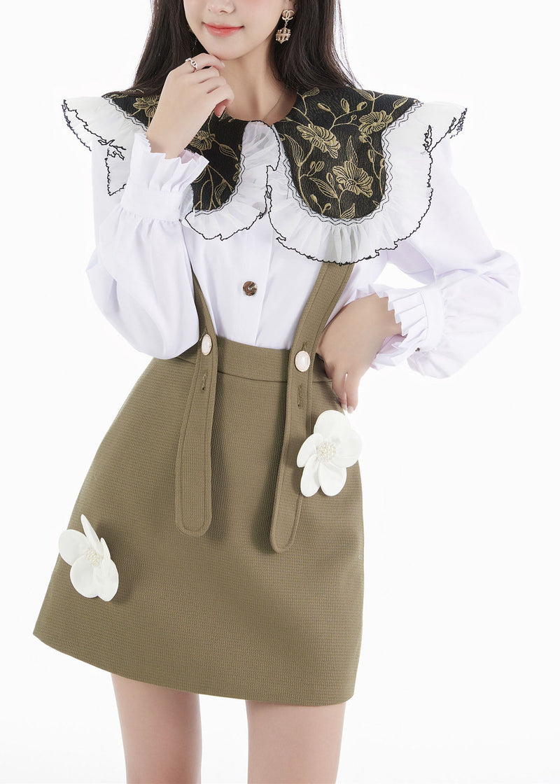White Peter Pan Collar Shirts Tops and Skirts Cotton Two Pieces Set Spring