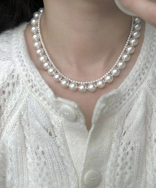 White Sterling Silver Pearl Gratuated Bead Necklac Two Piece Set
