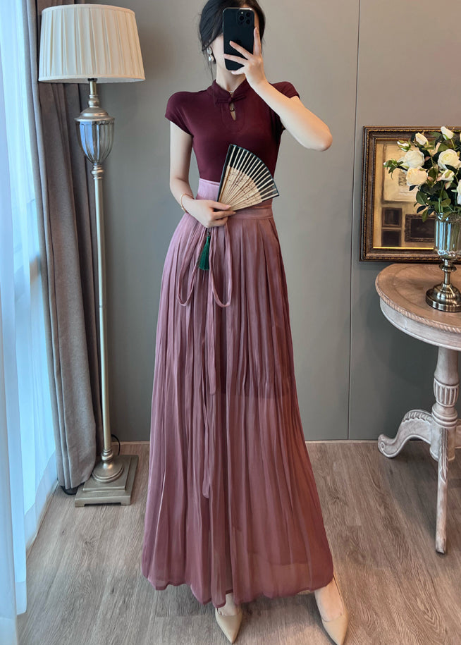 Mulberry Mandarin Collar Dress and Skirt Two Pieces Set Summer