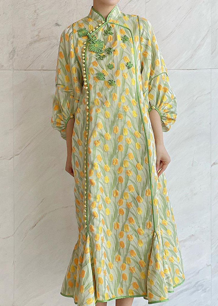 Yellow Green Embroidered Button Silk Maxi Dresses Spring