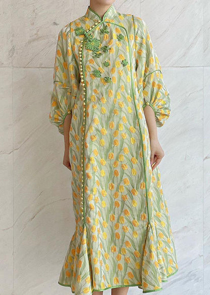 Yellow Green Embroidered Button Silk Maxi Dresses Spring