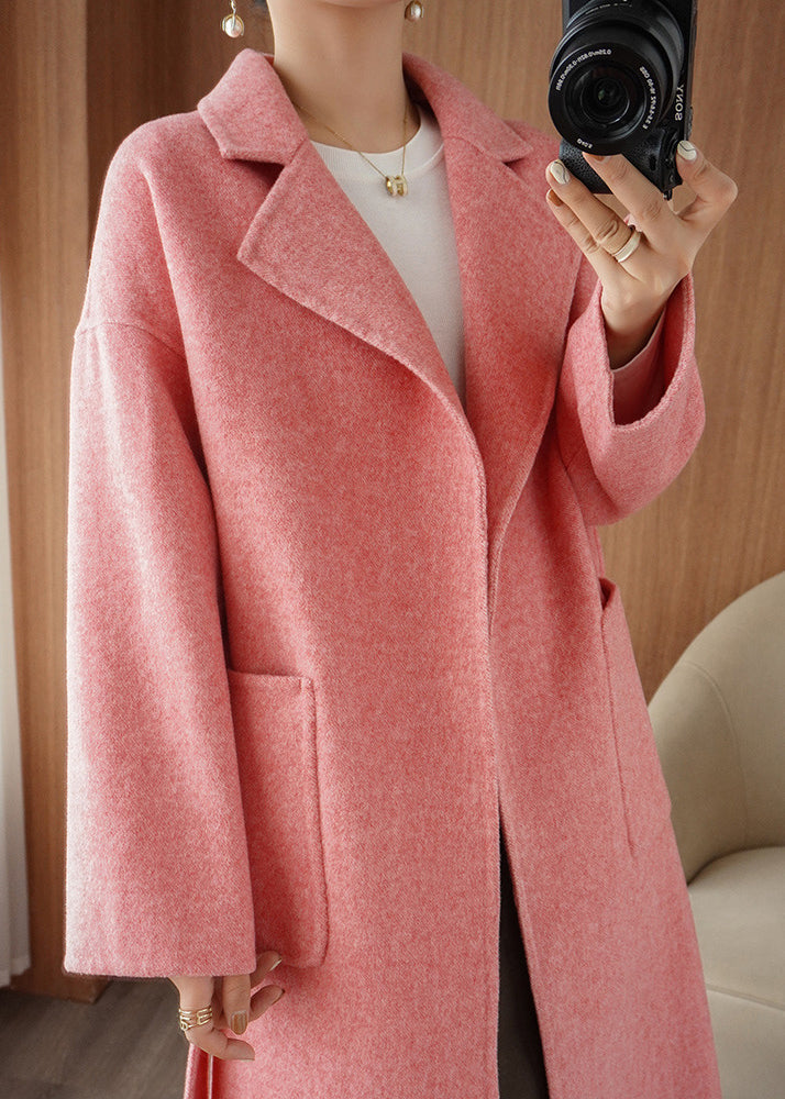 Pink Notched Tie Waist Woolen Maxi Coat Fall