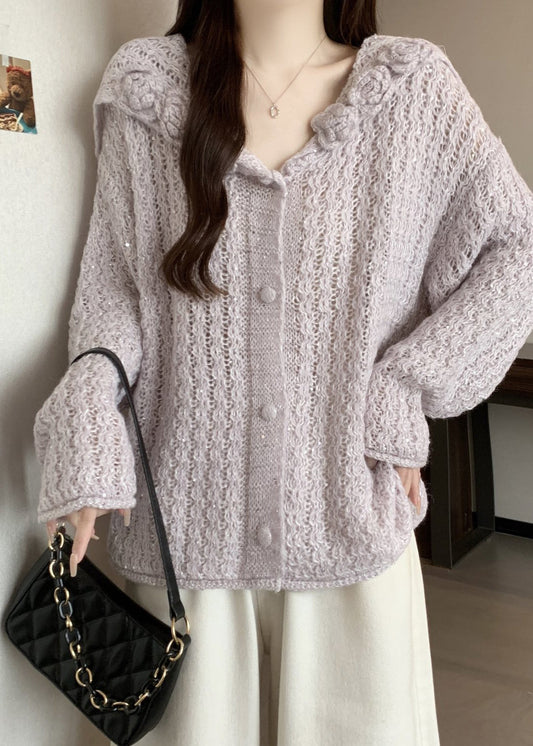Classy Lavender Sailor Collar Knit Cardigan Fall
