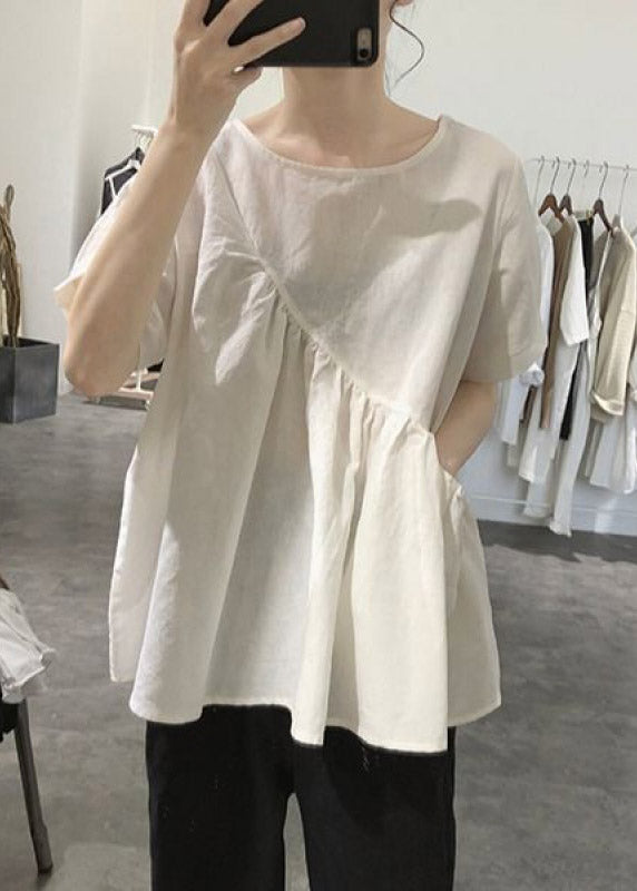 Grey O-neck Asymmetrical Wrinkled Top Short Sleeve