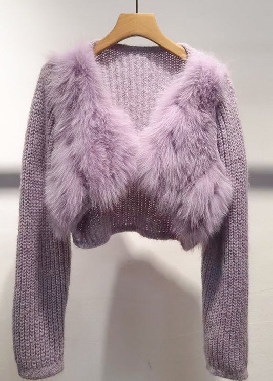 Purple V Neck Patchwork Cotton Knit Sweater Winter
